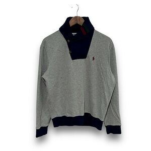 Vintage Y2K Polo Ralph Lauren Men's Cowl Neck Sweater Gray Blue Medium22 x 26